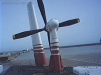 A view toward the rear propeller and fin of this Mk II craft at Dover. The propellers of the Mk II craft were smaller than those of the Mk III's (the Super 4's), giving the Mk III's propellers the status of largest in the world! Just about visible, to the left and right of the base of the pylon are two holes in the roof, these are the air intakes for the lift fan.